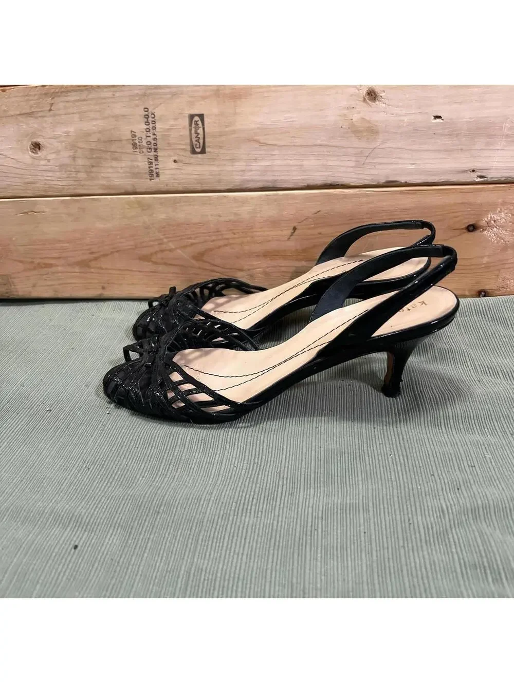 Kate Spade New York Black Patent Leather Kitten Heel Slingback Sandals Size 6 B